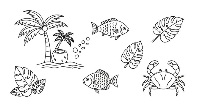 Tropical sea creatures and palm trees.