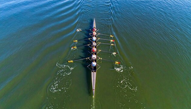Aerial view of rowing team in boat on water.