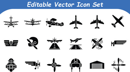 Editable vector icon set showcasing diverse aircraft aviation equipment pilot gear with air travel © graphicsobai