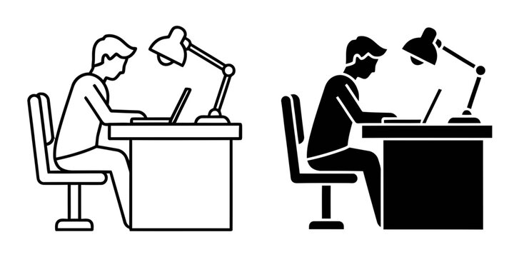 Working person icon set with laptop and desk lamp, outline and solid style, white background