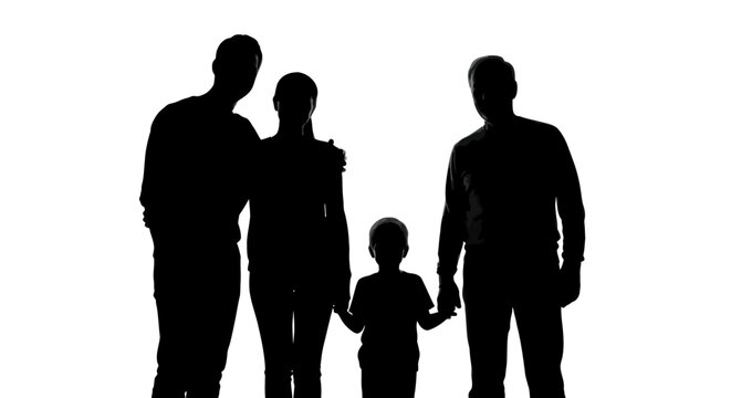 Silhouette vector illustration of a happy multi-generational family standing together while holding hands to show deep connection and unity in a modern minimalist clean graphic style