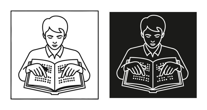 Reading braille icon set with blind person person touching book, outline style, white background