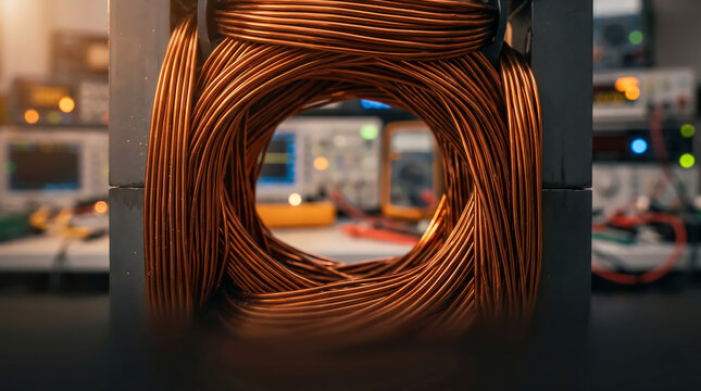 Close up of Copper Transformer Windings with Blurred Laboratory Workbench