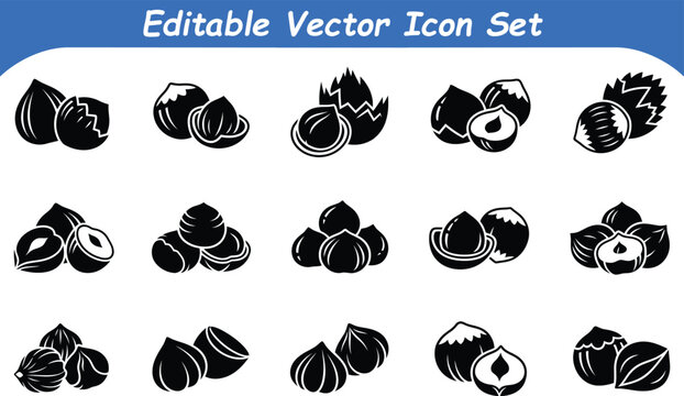 Various hazelnuts and nuts vector icon set shelled and whole food ingredients hazelnut ingredient