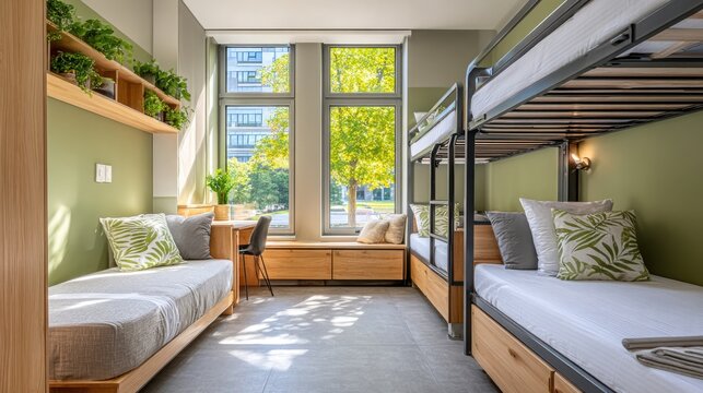 Bright and Airy Dormitory Room with Bunk Beds and Natural Light Streaming Through Large Windows