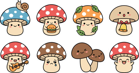 Cute mushroom character set featuring snail burger guitar bell and various emotions for autumn forest nature nursery kids education school vector illustration collection design stickers icons. © Sariful