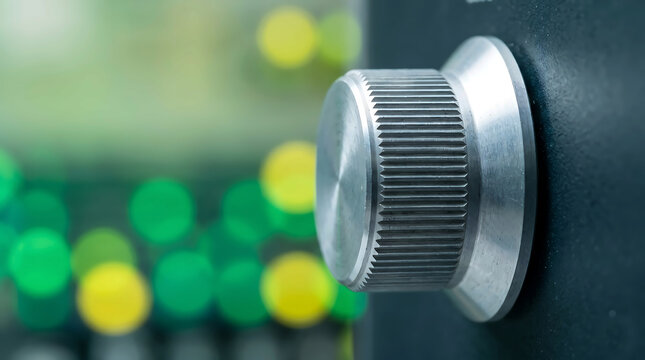 Macro of Metallic Potentiometer Knob on Lab Instrument with Green Signal Bokeh