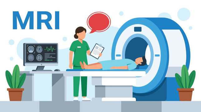 Magnetic Resonance Imaging MRI Procedure with Patient and Radiologist in Hospital Clinic Flat Vector Illustration