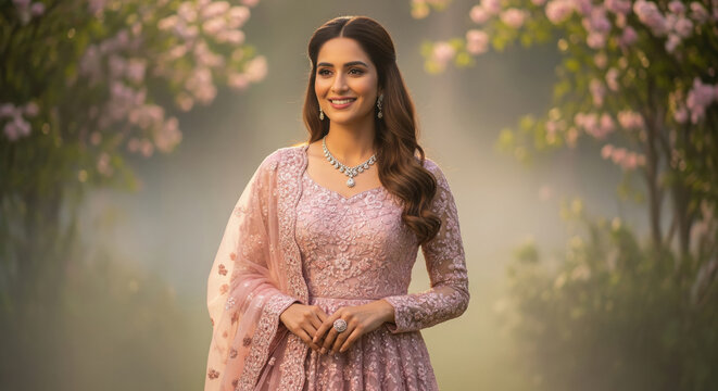 young indian woman wearing stylish dress and jwelery