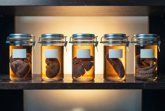 row of five preserved animal organs in glass jars shelf veterinary pathology specimen