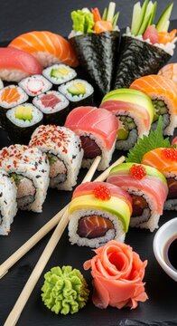 Fresh delicious sushi rolls assortment with salmon tuna avocado wasabi and ginger on a dark slate board for a gourmet japanese dinner