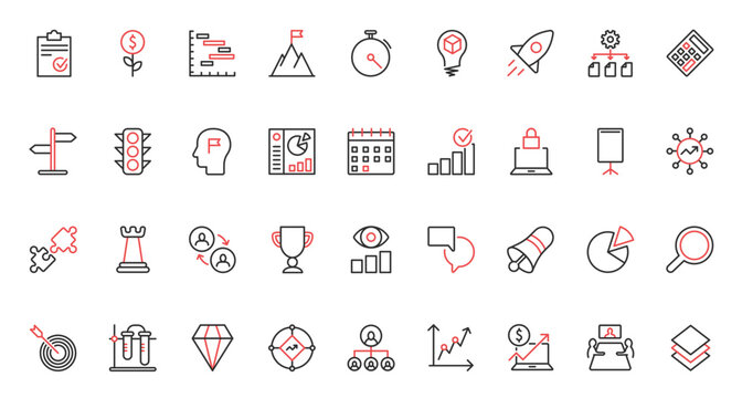 Vector illustration of trendy red black thin line icons set creative business strategy project management, idea plan startup launch, success vision, solution problem-solving, finance investment.