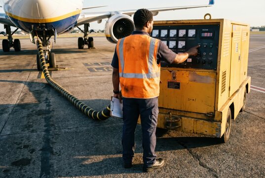 ground power unit operator adjusting yellow GPU cart control panel at aircraft nose aviation