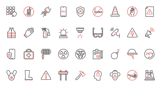 Vector illustration red black thin line icons set for safety, accident risk for health, including life protection care symbols, emergency service danger disasters, safe insurance shield, support