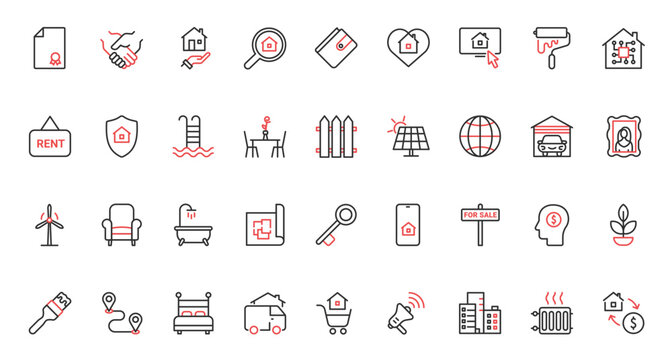 Vector illustration red black thin line icons set real estate, including rent, sale deals, mortgage contract property, family home apartment, garage