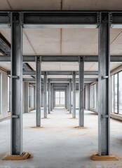 Naklejka premium Modern Construction Site with Steel Columns and Concrete Structure, Interior Under Development
