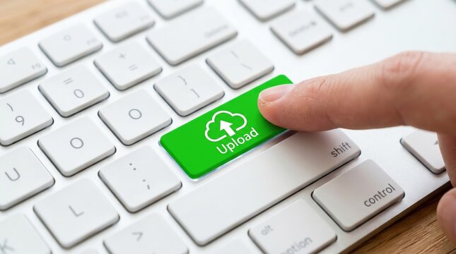 Finger pressing green upload button on computer keyboard. Cloud data transfer and web technology concept. Digital internet communication, file server sync and online network system.