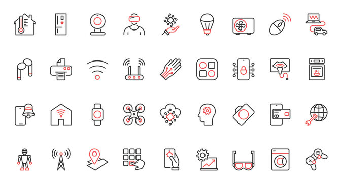Vector illustration red black thin line icons set smart home technology, mobile app symbols control service of house system, surveillance security conditioning, status of remote lock access