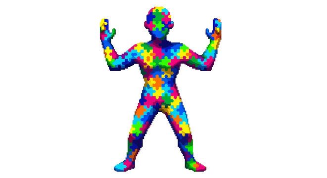 Colorful Abstract Human Figure with Raised Arms.