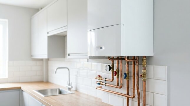 Gas boiler mounted on wall in modern residential kitchen. Heating system with copper pipework and water valve in domestic home. Infrastructure for hot water supply and climate control.
