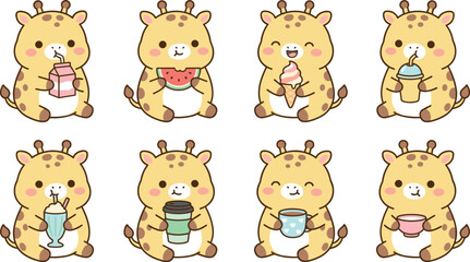 Fototapeta premium Cute giraffe character set eating drinking watermelon milk ice cream coffee smoothie for cafe nursery kids menu snack food beverage vector illustration collection school design icons.