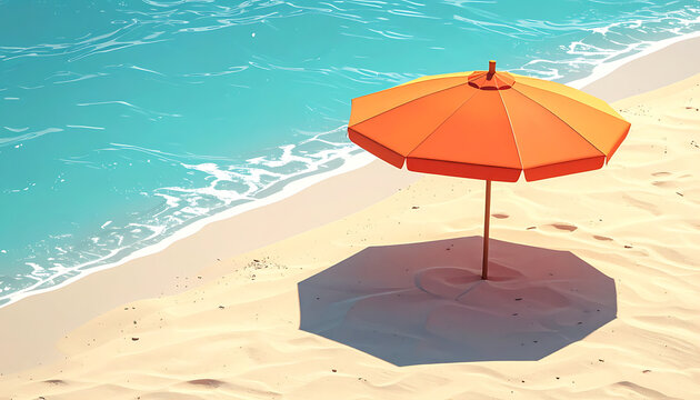Pixel art beach scene with an orange sun umbrella casting a shadow on the sand, gentle waves lapping the shore, summer vacation concept