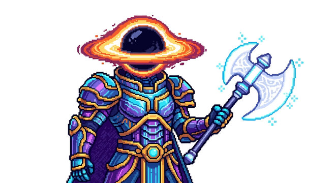 Cosmic Warrior with Black Hole Head and Crystal Axe.