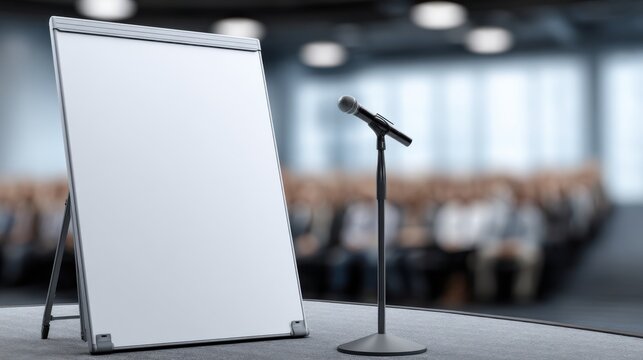 Blank Flip Chart and Microphone on Stage Ready for Presentation or Speech in Conference Hall