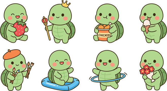 Cute turtle character set eating strawberry chicken ice cream featuring king artist swimming and hula hoop for nursery kids education school lifestyle vector illustration collection design stickers ic