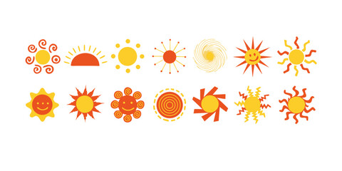 Obraz premium Twelve stylized suns arranged in two rows of six, each rendered with unique rays, patterns, and warm hues of yellow, orange, and red. Some suns show spirals, zigzags, smiling faces.
