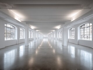 Fototapeta premium Spacious, bright, industrial loft or warehouse interior with polished concrete floor and large windows
