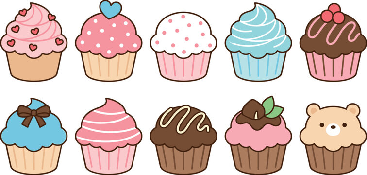 Cute cupcake vector illustration set featuring chocolate strawberry vanilla flavors with hearts bear and cherry toppings for bakery cafe kids birthday party nursery menu collection design stickers.
