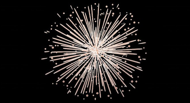 Rose gold firework explosion with radiating lines and scattered circular dots on a solid black background, festive celebration