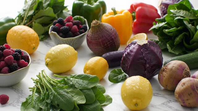 Diverse, ripe, blemish-free fruits and vegetables on pristine white marble. Cinematic dolly video, close-ups with creamy bokeh, soft natural daylight. Concept of natural goodness and purity