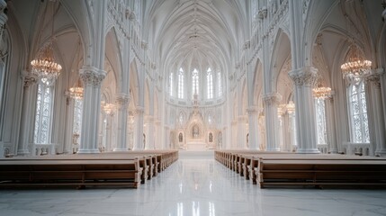 Fototapeta premium Grand white cathedral interior with arched ceilings, stained glass windows, and wooden pews