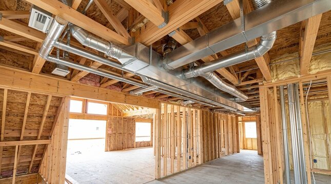 Metal air duct system installed in new house under construction. Ventilation pipes in wooden frame building structure. Residential climate control system installation concept.