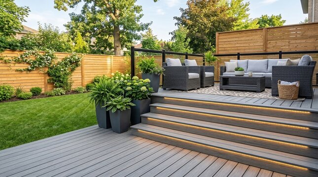 Modern backyard deck with lounge furniture and lit stairs at dusk. Comfortable outdoor living space with wooden fence and green garden landscaping. Contemporary patio patio design concept.