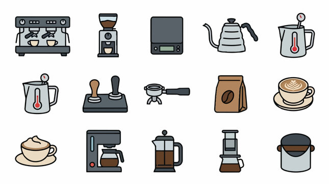 Collection of Coffee Making Equipment and Drinks.