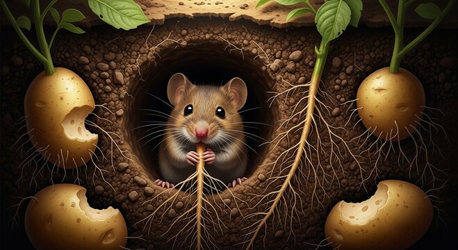 Mouse eating root in underground den filled with potato. Rodent living in soil habitat surrounded by vegetables. Natural wildlife scene in garden ground level view across underground hole.
