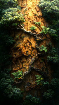 Ancient Timber: A towering redwood, its rough bark textured and weathered by time, provides a striking contrast with the verdant foliage. a testament to the resilience and beauty of the natural world