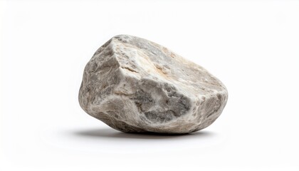Fototapeta premium A single, rough, gray stone sits isolated on a plain white background with subtle shadows