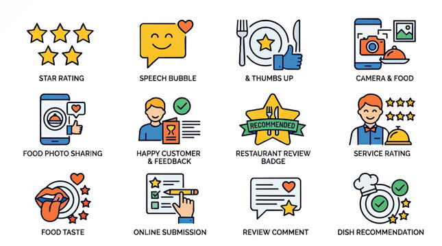 Collection of Icons Representing Customer Feedback and Restaurant Reviews.