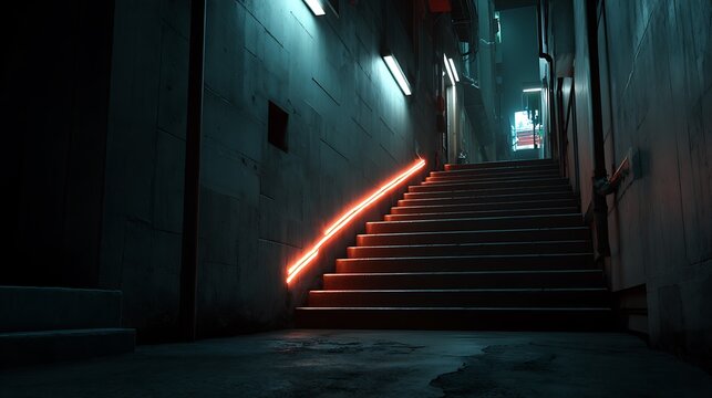 Futuristic dimly lit concrete staircase with glowing orange neon handrail in dark alleyway.