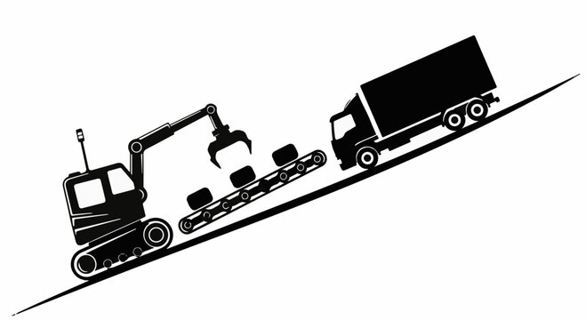Heavy-duty excavator loads cargo onto a truck on a steep incline.