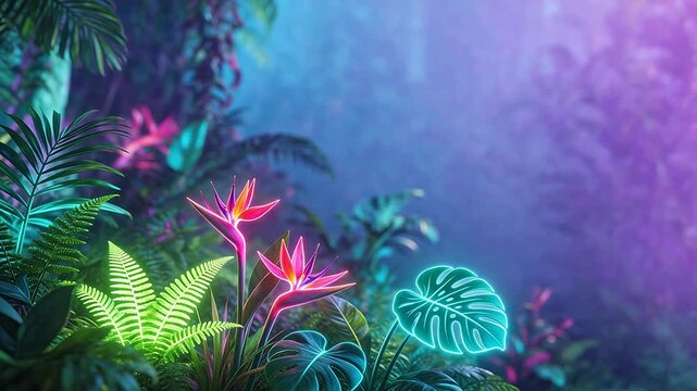 Neon tropical plants in misty jungle