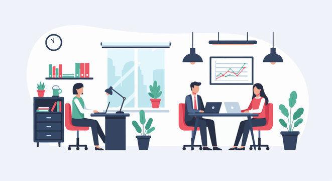 Modern office space with people working at desks and a wall chart