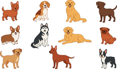 Cute Dog Breeds Vector Illustration Set Featuring Corgi Husky Golden Retriever Beagle Pug Terrier and Mixed Puppies for Pet Character Design Collection. © MstSuborna