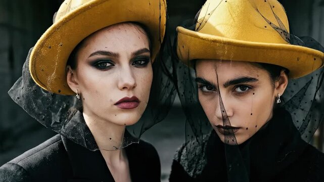 Close portrait of two fashion models in yellow hats and sheer veils looking down at camera, dramatic contemporary beauty concept with bold monochrome styling, no logos