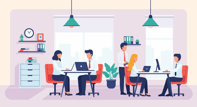 Modern office scene with employees collaborating at computers and desks