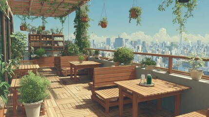 Obraz premium Serene Rooftop Terrace Oasis with Lush Greenery and Panoramic City Skyline Views